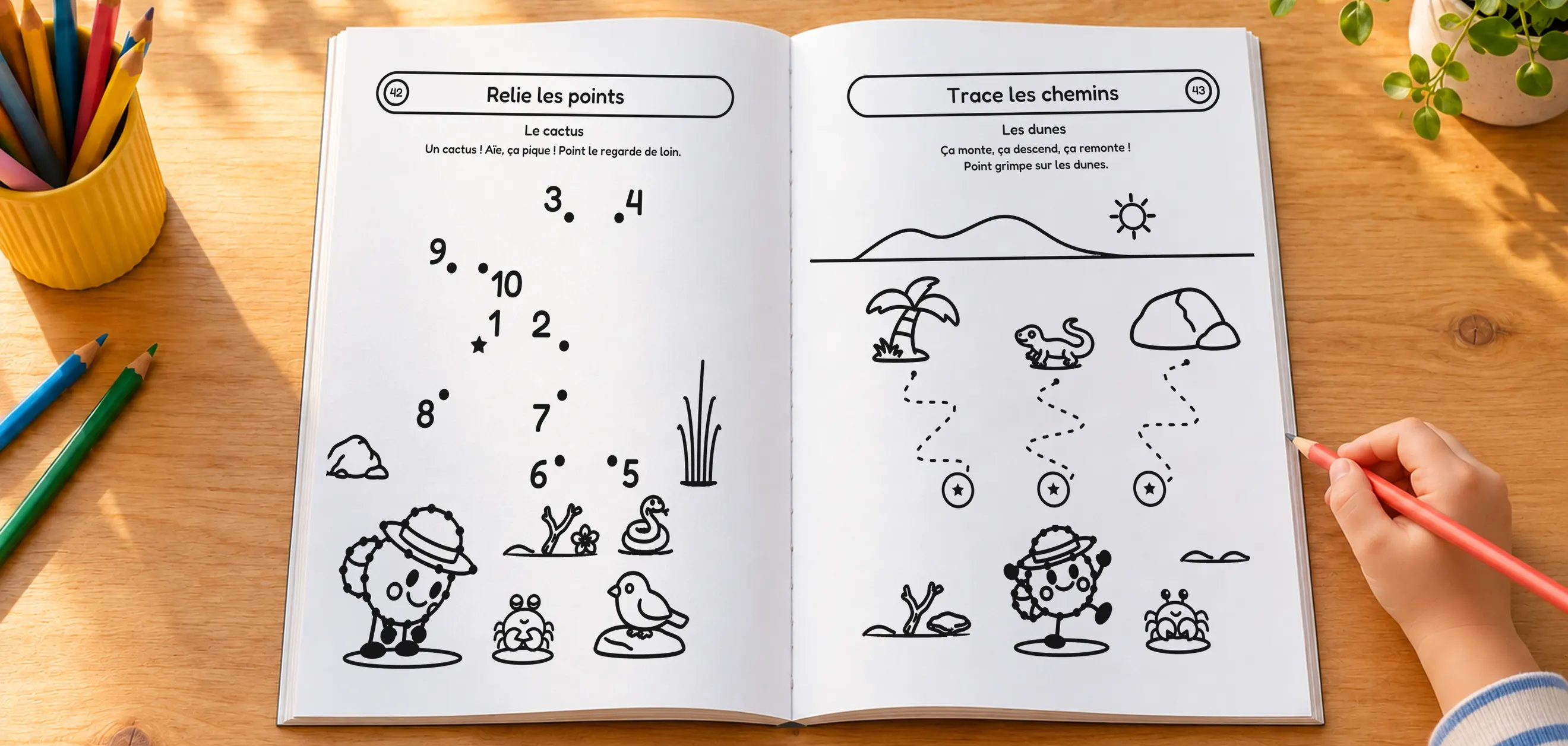 Le cahier « Point part en voyage » ouvert sur une table, aux pages 42 et 43 : à gauche, des points numérotés à relier qui dessinent un cactus ; à droite, des chemins à tracer sur les dunes. La main d’un enfant tient un crayon rouge, des crayons de couleur attendent dans un pot.